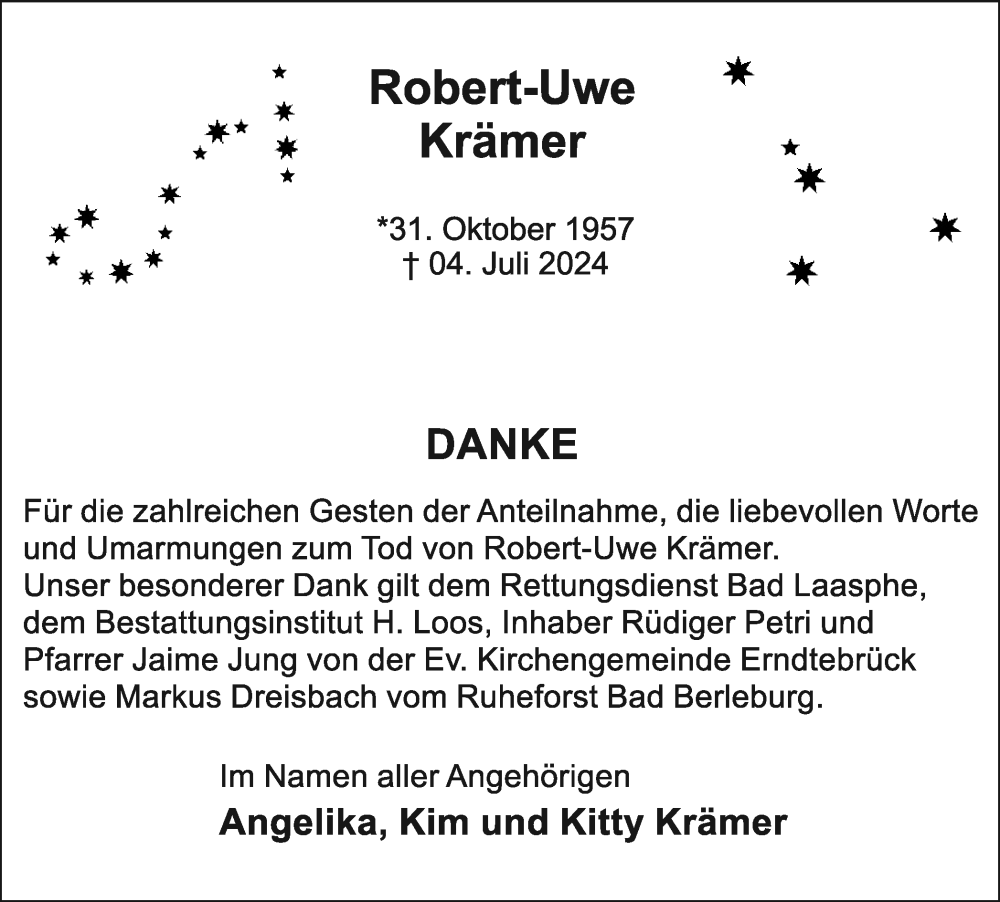  Traueranzeige für Robert-Uwe Krämer vom 31.08.2024 aus Tageszeitung