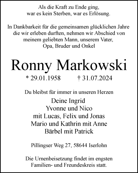 Traueranzeige von Ronny Markowski von Tageszeitung