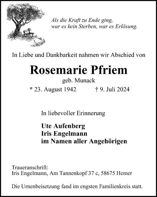 Traueranzeige von Rosemarie Pfriem von Tageszeitung