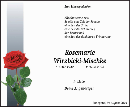 Traueranzeige von Rosemarie Wirzbicki-Mischke von Tageszeitung