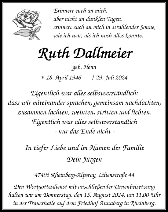 Traueranzeige von Ruth Dallmeier von Tageszeitung