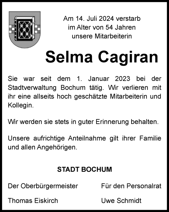 Traueranzeige von Selma Cagiran von Tageszeitung