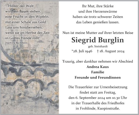 Traueranzeige von Siegrid Burglin von Tageszeitung
