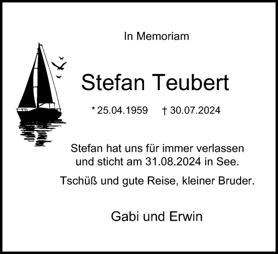 Traueranzeige von Stefan Teubert von Tageszeitung