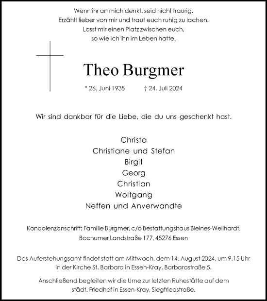 Traueranzeige von Theo Burgmer von Tageszeitung