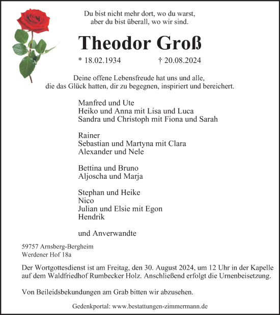 Traueranzeige von Theodor Groß von Tageszeitung