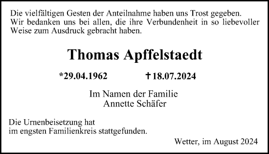 Traueranzeige von Thomas Apffelstaedt von Tageszeitung