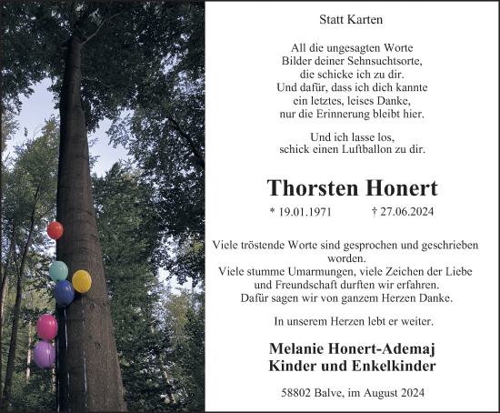 Traueranzeige von Thorsten Honert von Tageszeitung