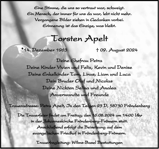 Traueranzeige von Torsten Apelt von Tageszeitung