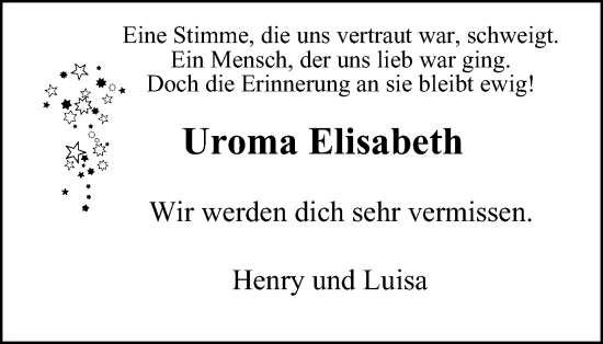 Traueranzeige von Uroma Elisabeth  von Tageszeitung