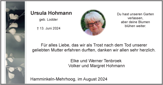 Traueranzeige von Ursula Hohmann von Tageszeitung