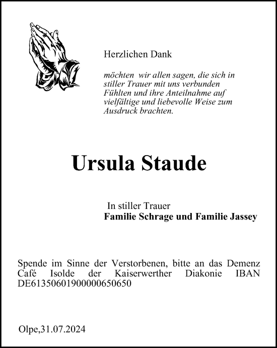 Traueranzeige von Ursula Staude von Tageszeitung
