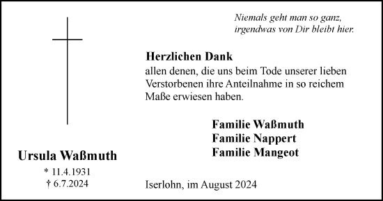 Traueranzeige von Ursula Waßmuth von Tageszeitung