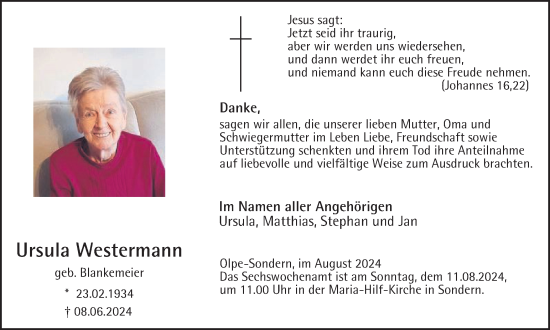 Traueranzeige von Ursula Westermann von Tageszeitung