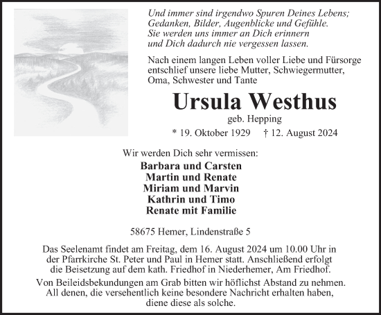 Traueranzeige von Ursula Westhus von Tageszeitung