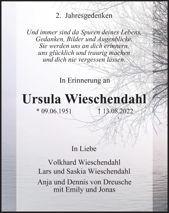 Traueranzeige von Ursula Wieschendahl von Tageszeitung