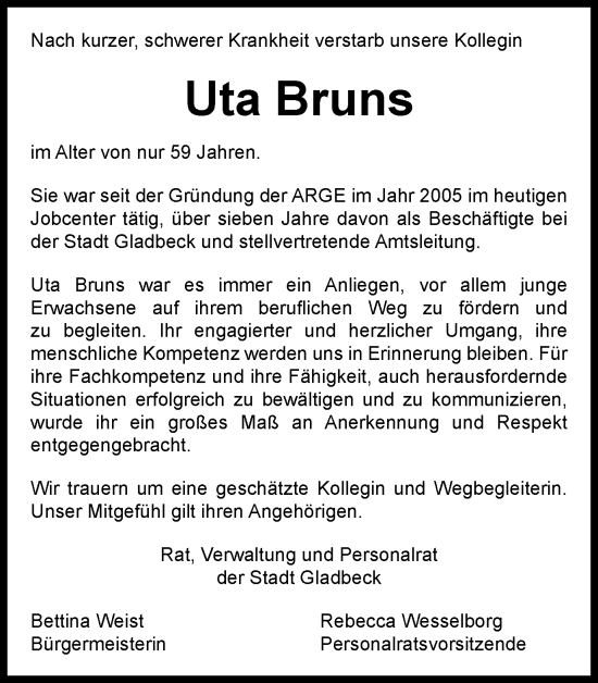 Traueranzeige von Uta Bruns von Tageszeitung