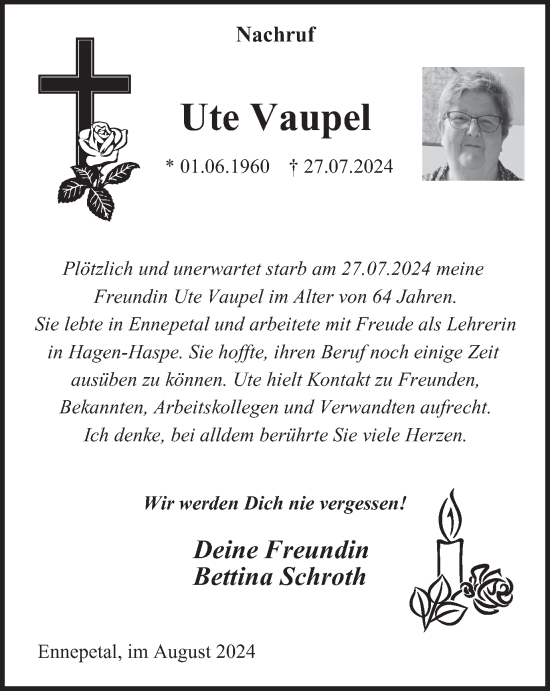 Traueranzeige von Ute Vaupel von Tageszeitung