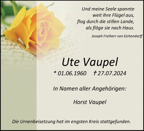 Traueranzeige von Ute Vaupel von Tageszeitung
