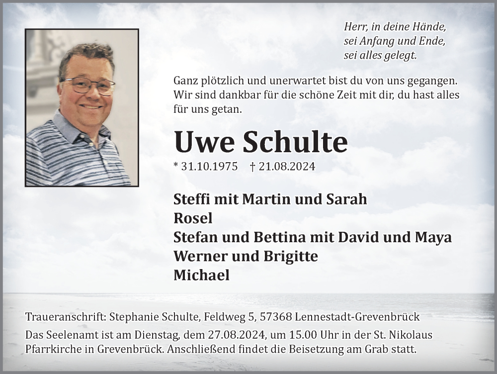  Traueranzeige für Uwe Schulte vom 24.08.2024 aus Tageszeitung