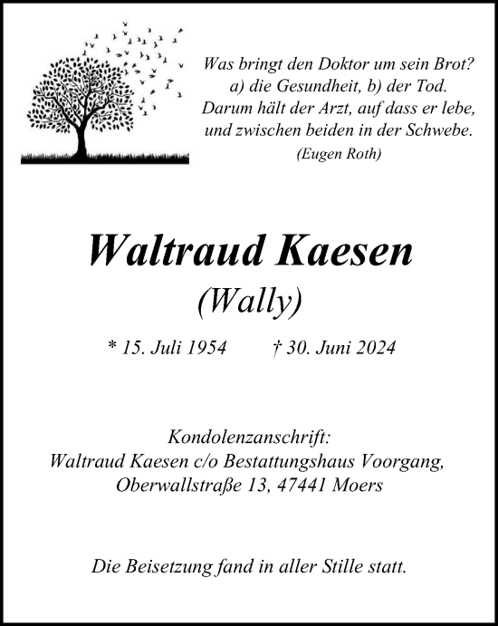 Traueranzeige von Waltraud Kaesen von Tageszeitung