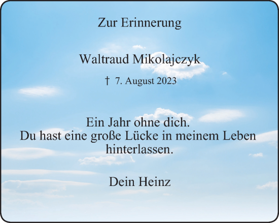 Traueranzeige von Waltraud Mikolajczyk von Tageszeitung