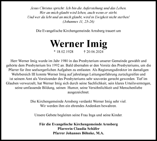 Traueranzeige von Werner Imig von Tageszeitung