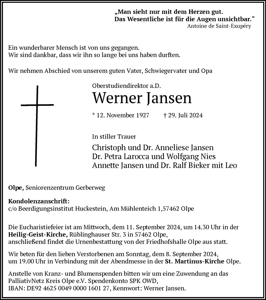  Traueranzeige für Werner Jansen vom 31.08.2024 aus Tageszeitung