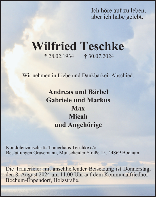 Traueranzeige von Wilfried Teschke von Tageszeitung