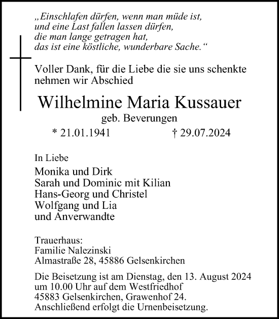 Traueranzeige von Wilhelmine Maria Kussauer von Tageszeitung