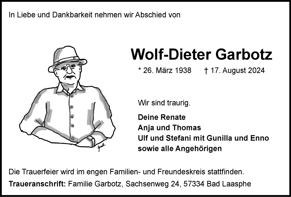  Traueranzeige für Wolf-Dieter Garbotz vom 24.08.2024 aus Tageszeitung
