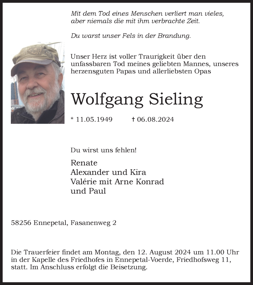  Traueranzeige für Wolfgang Sieling vom 10.08.2024 aus Tageszeitung
