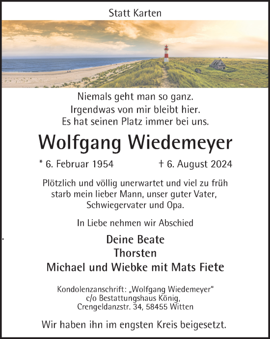 Traueranzeige von Wolfgang Wiedemeyer von Tageszeitung