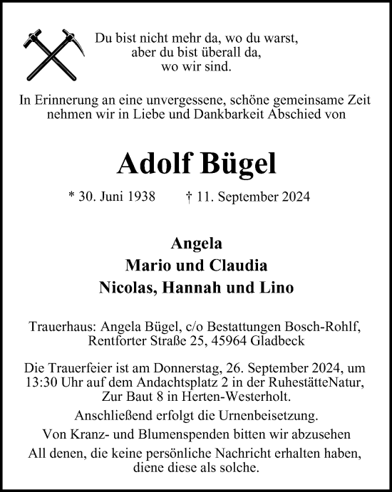 Traueranzeige von Adolf Bügel von Tageszeitung