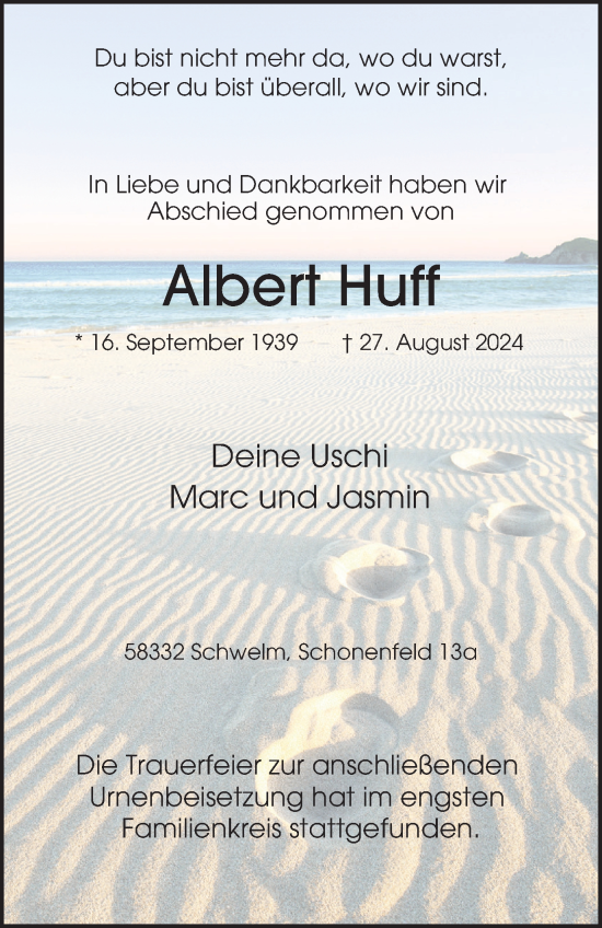 Traueranzeige von Albert Huff von Tageszeitung