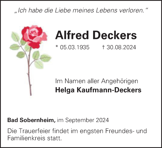 Traueranzeige von Alfred Deckers von Tageszeitung
