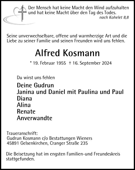 Traueranzeige von Alfred Kosmann von Tageszeitung
