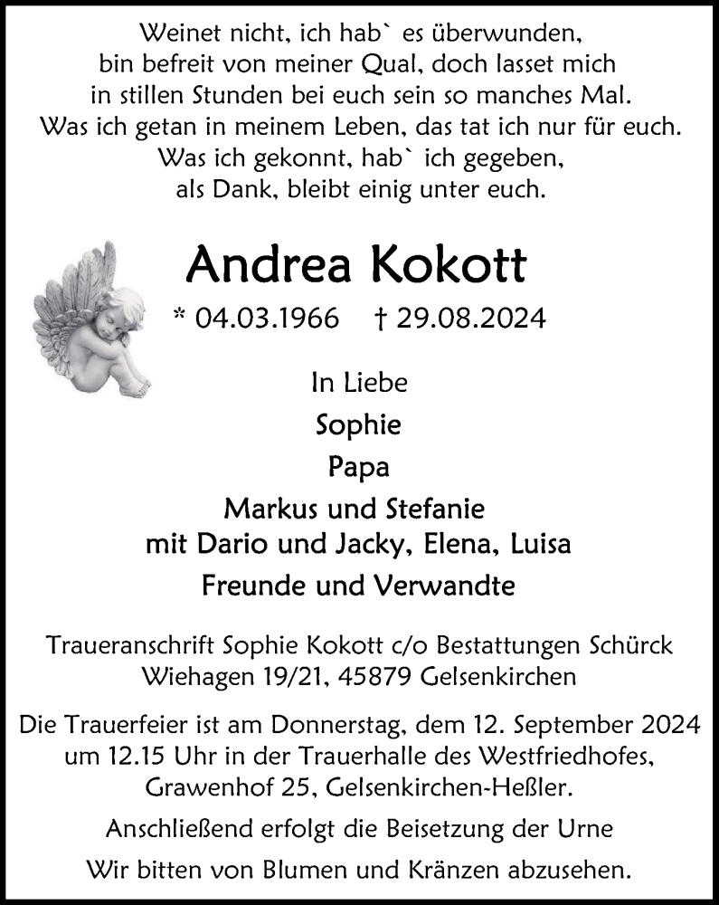  Traueranzeige für Andrea Kokott vom 07.09.2024 aus Tageszeitung