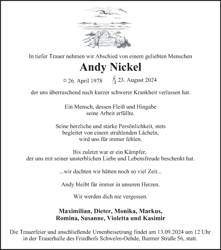  Traueranzeige für Andy Nickel vom 07.09.2024 aus Tageszeitung