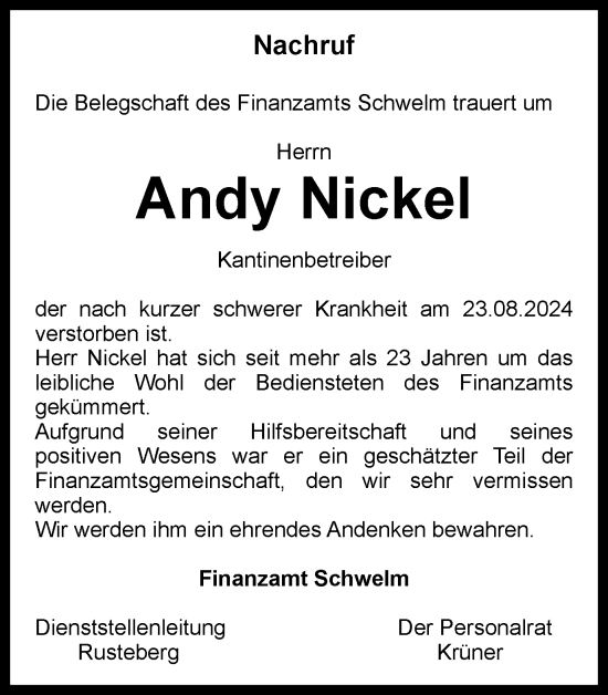 Traueranzeige von Andy Nickel von Tageszeitung