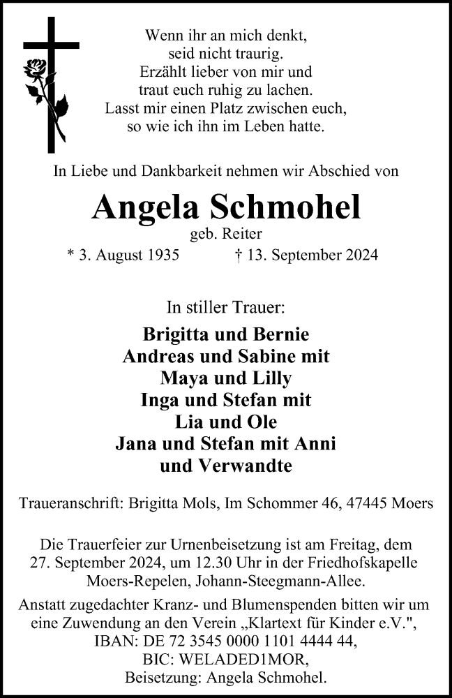  Traueranzeige für Angela Schmohel vom 21.09.2024 aus Tageszeitung