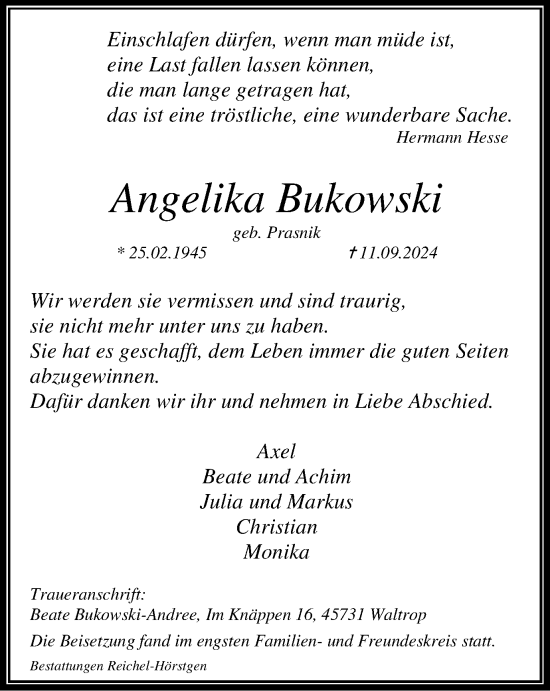 Traueranzeige von Angelika Bukowski von Tageszeitung