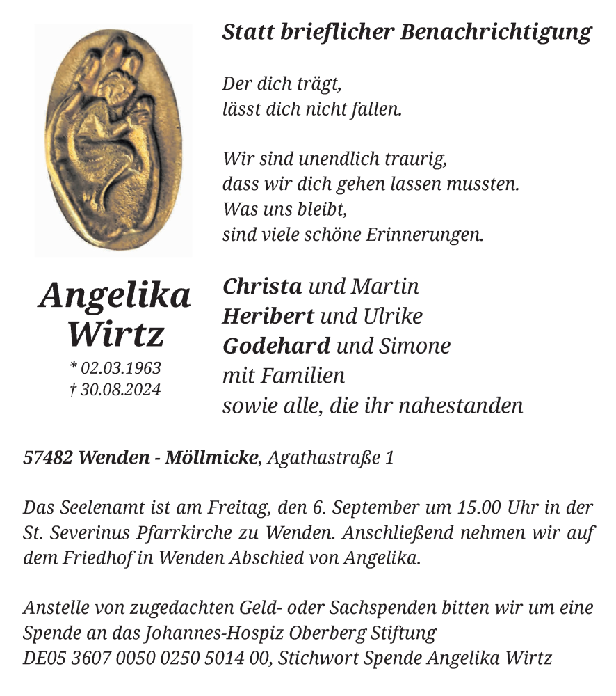  Traueranzeige für Angelika Wirtz vom 04.09.2024 aus Tageszeitung