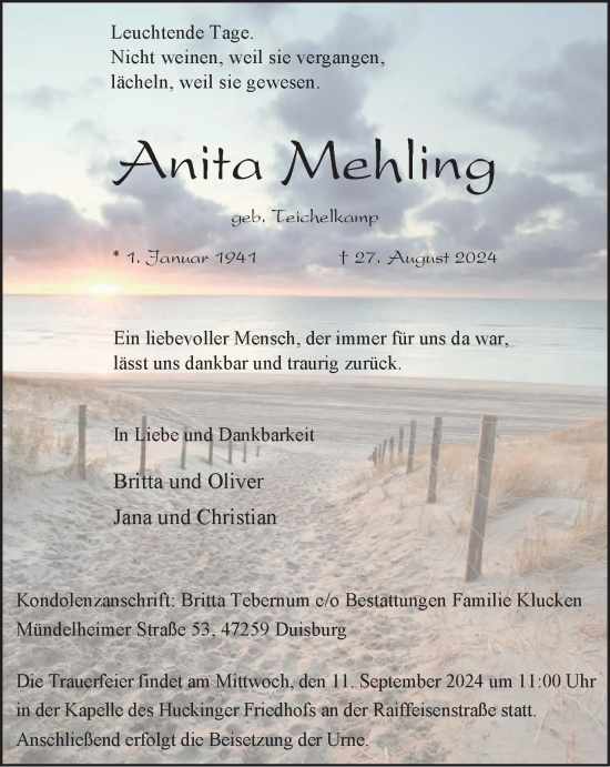 Traueranzeige von Anita Mehling von Tageszeitung