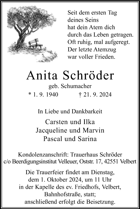 Traueranzeige von Anita Schröder von Tageszeitung
