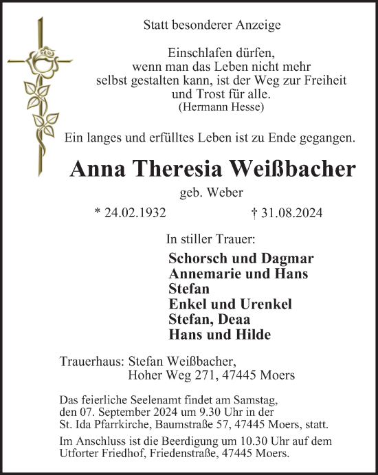 Traueranzeige von Anna Theresia Weißbacher von Tageszeitung