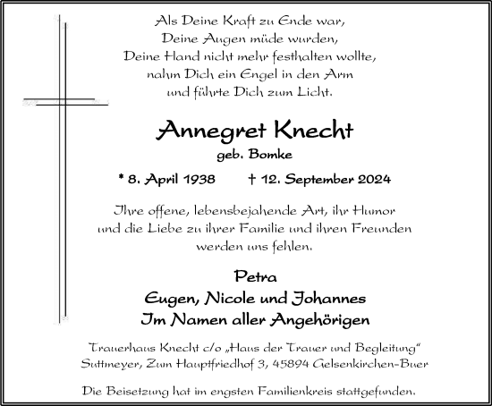 Traueranzeige von Annegret Knecht von Tageszeitung