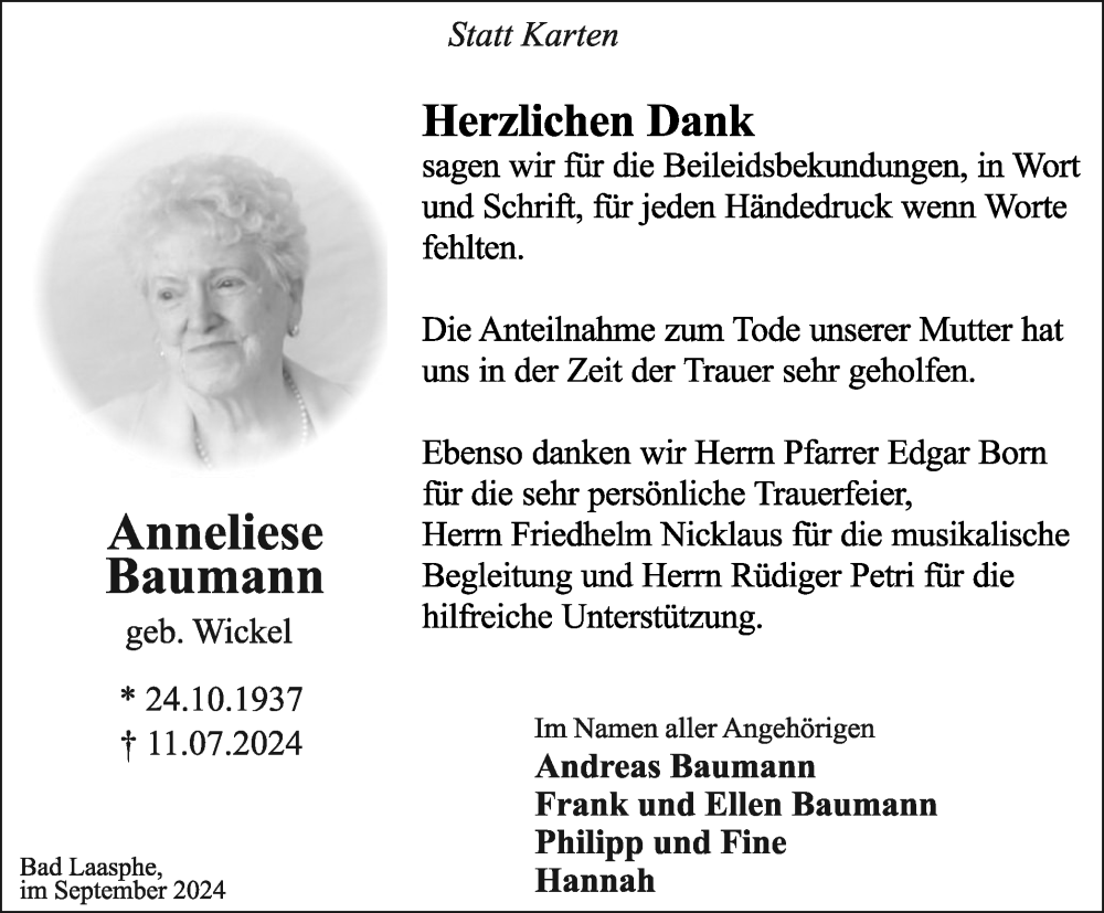  Traueranzeige für Anneliese Baumann vom 14.09.2024 aus Tageszeitung