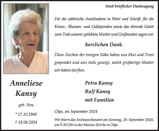Traueranzeige von Anneliese Kansy von Tageszeitung