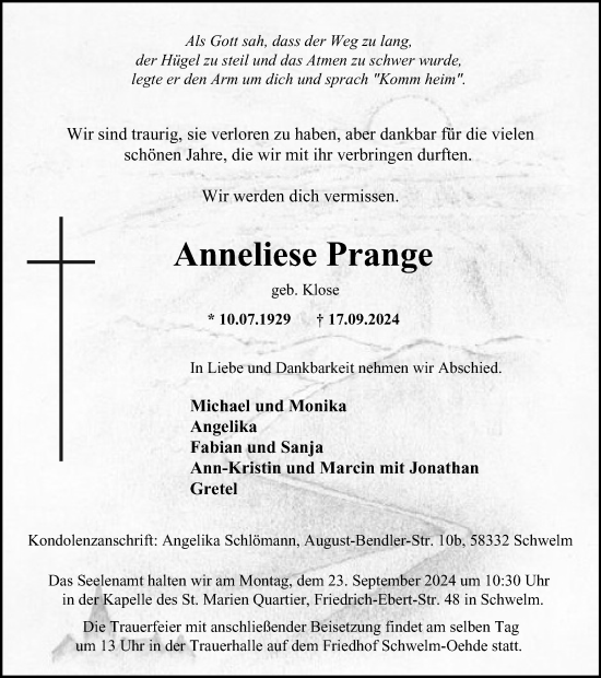 Traueranzeige von Anneliese Prange von Tageszeitung